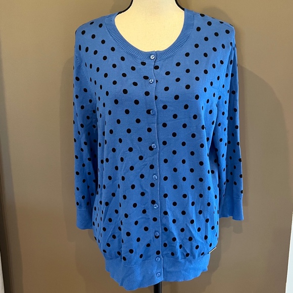 Ellen Tracy Women's Cardigan Blue Black Polka Dot Button Down, Size Large - Picture 1 of 11